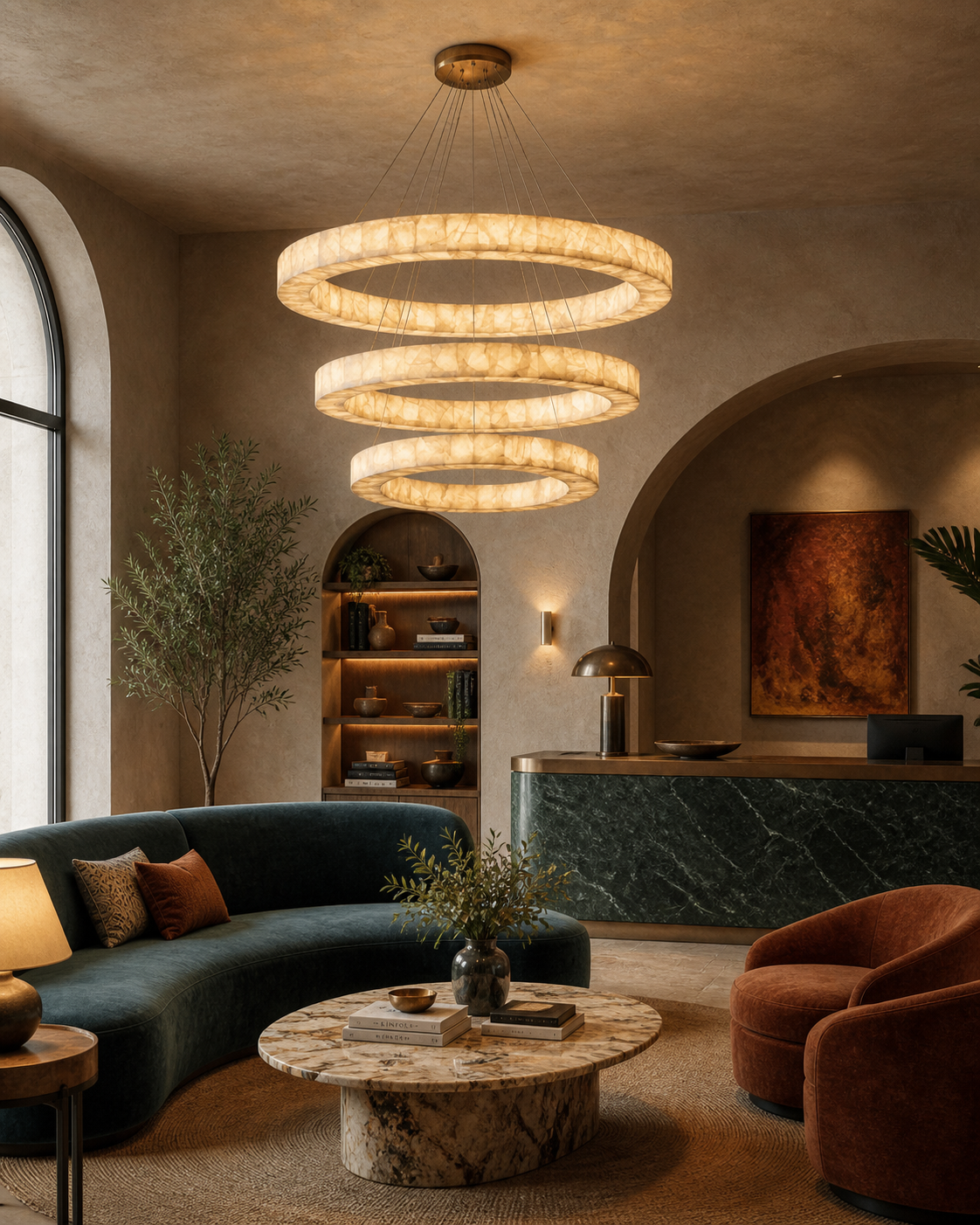 Lampadario LuminaCalcite Halo in alabastro con struttura a cavi d’acciaio