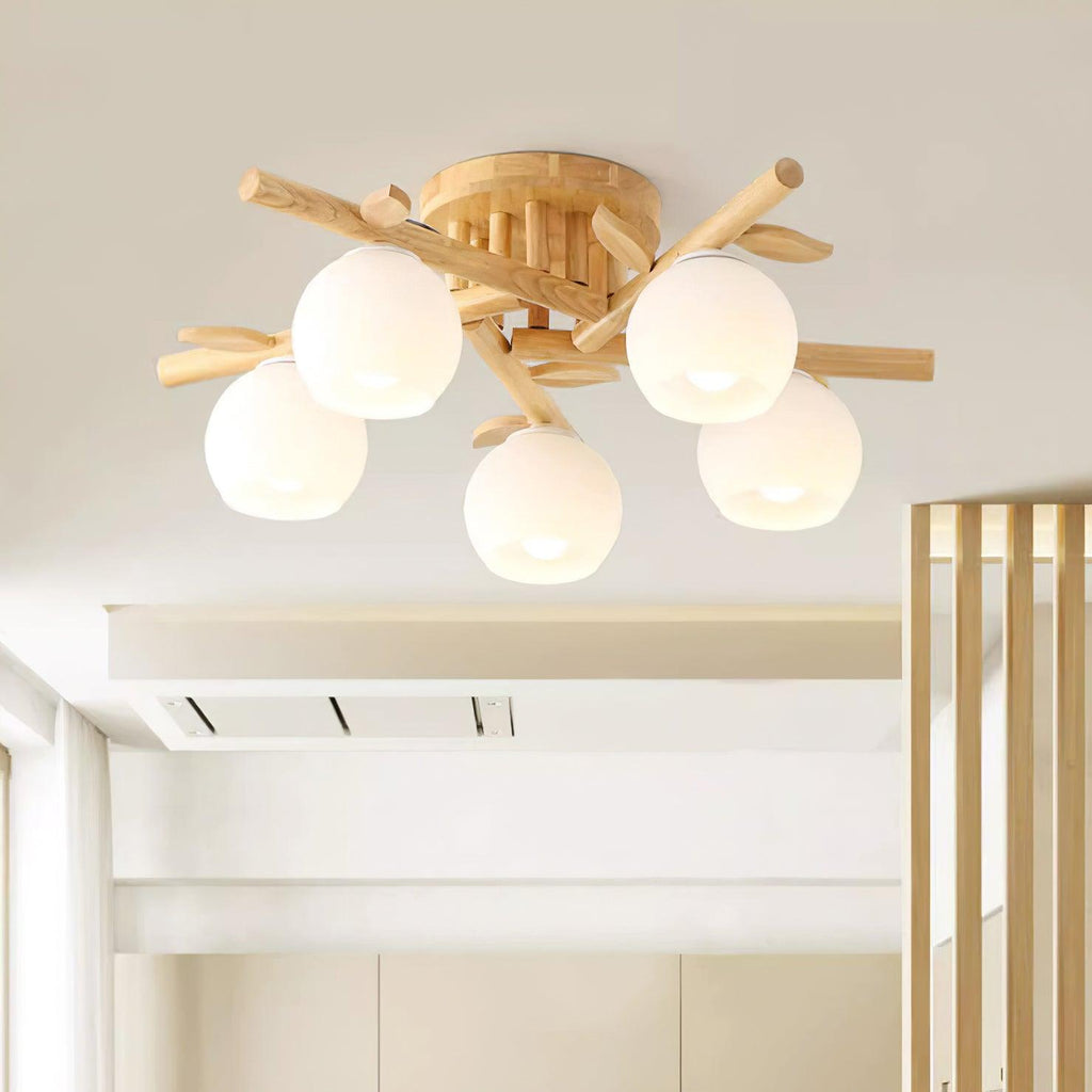 Ceiling Light Wood Body Glass Globes Organic Warm Minimalist | Fioriscas