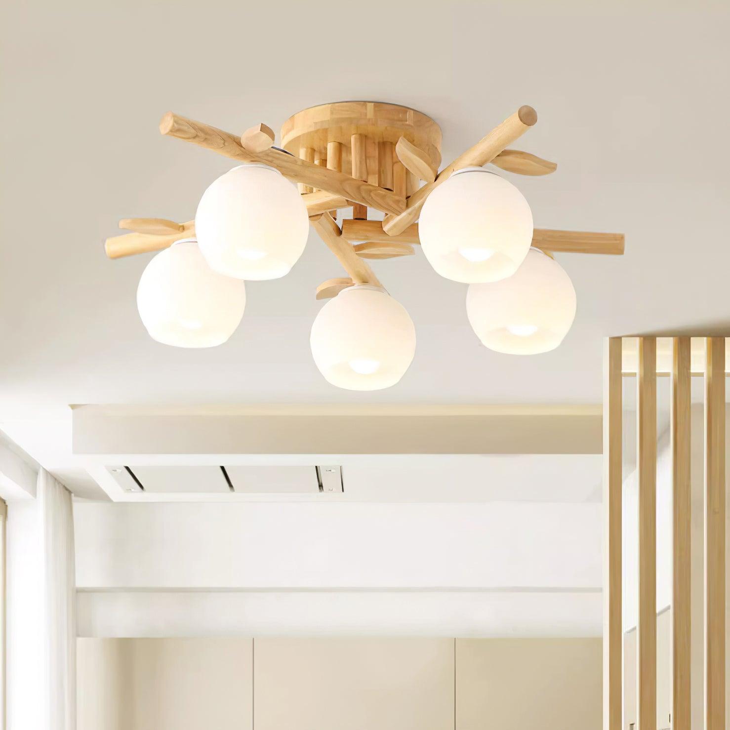 Ceiling Light Wood Body Glass Globes Organic Warm Minimalist | Fioriscas