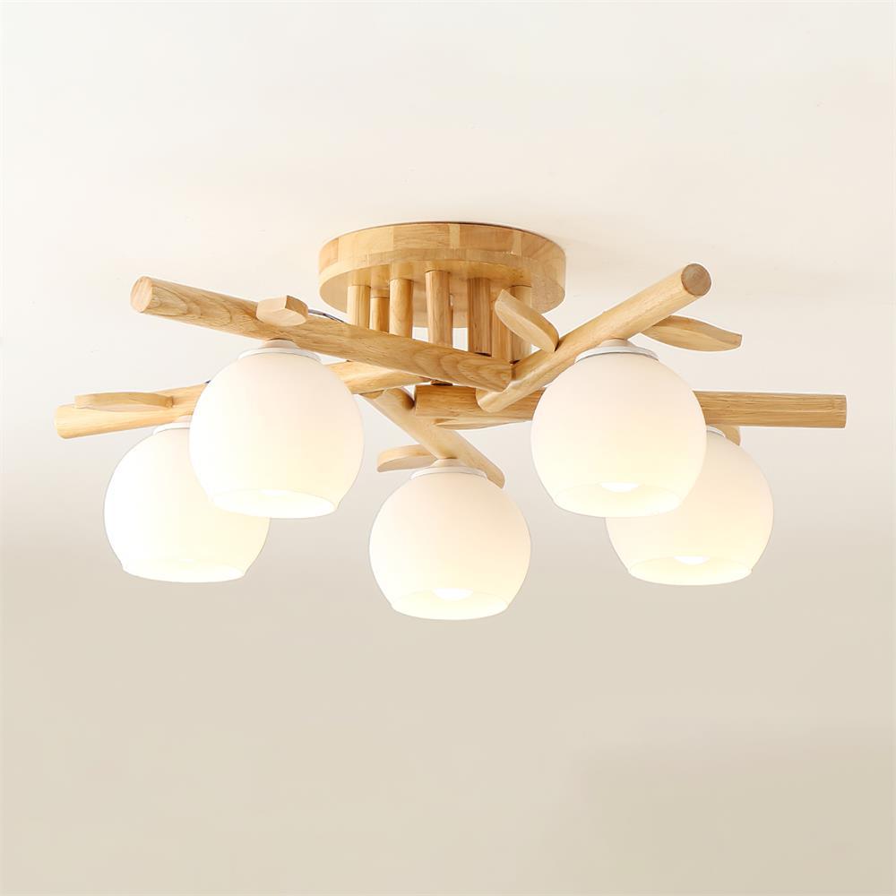 Ceiling Light Wood Body Glass Globes Organic Warm Minimalist | Fioriscas