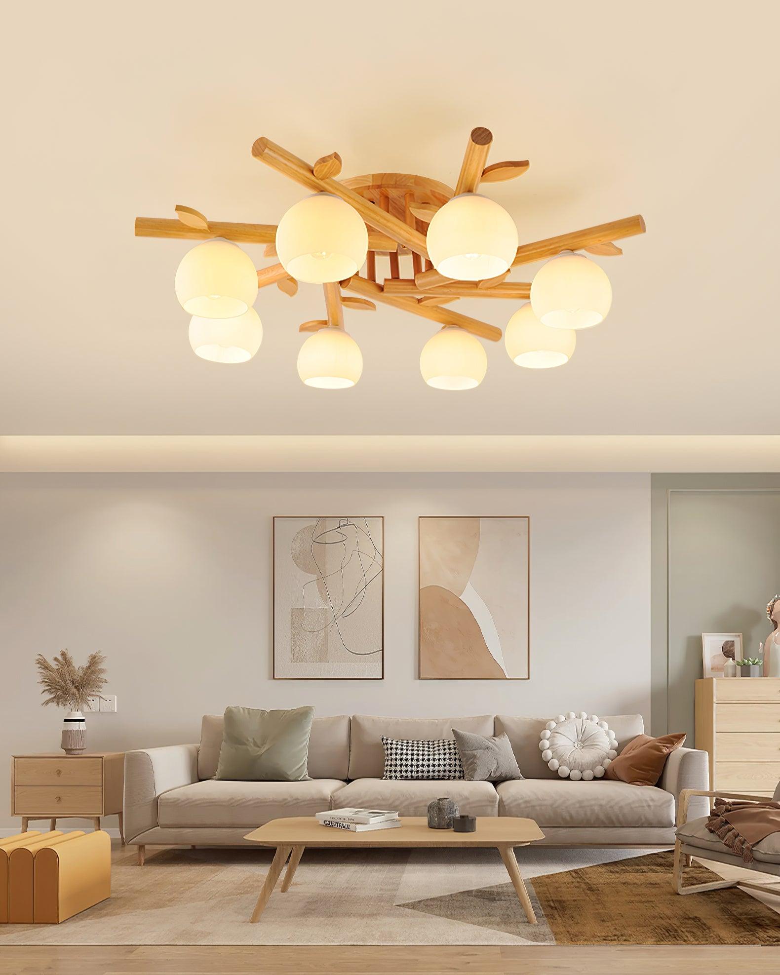 Ceiling Light Wood Body Glass Globes Organic Warm Minimalist | Fioriscas