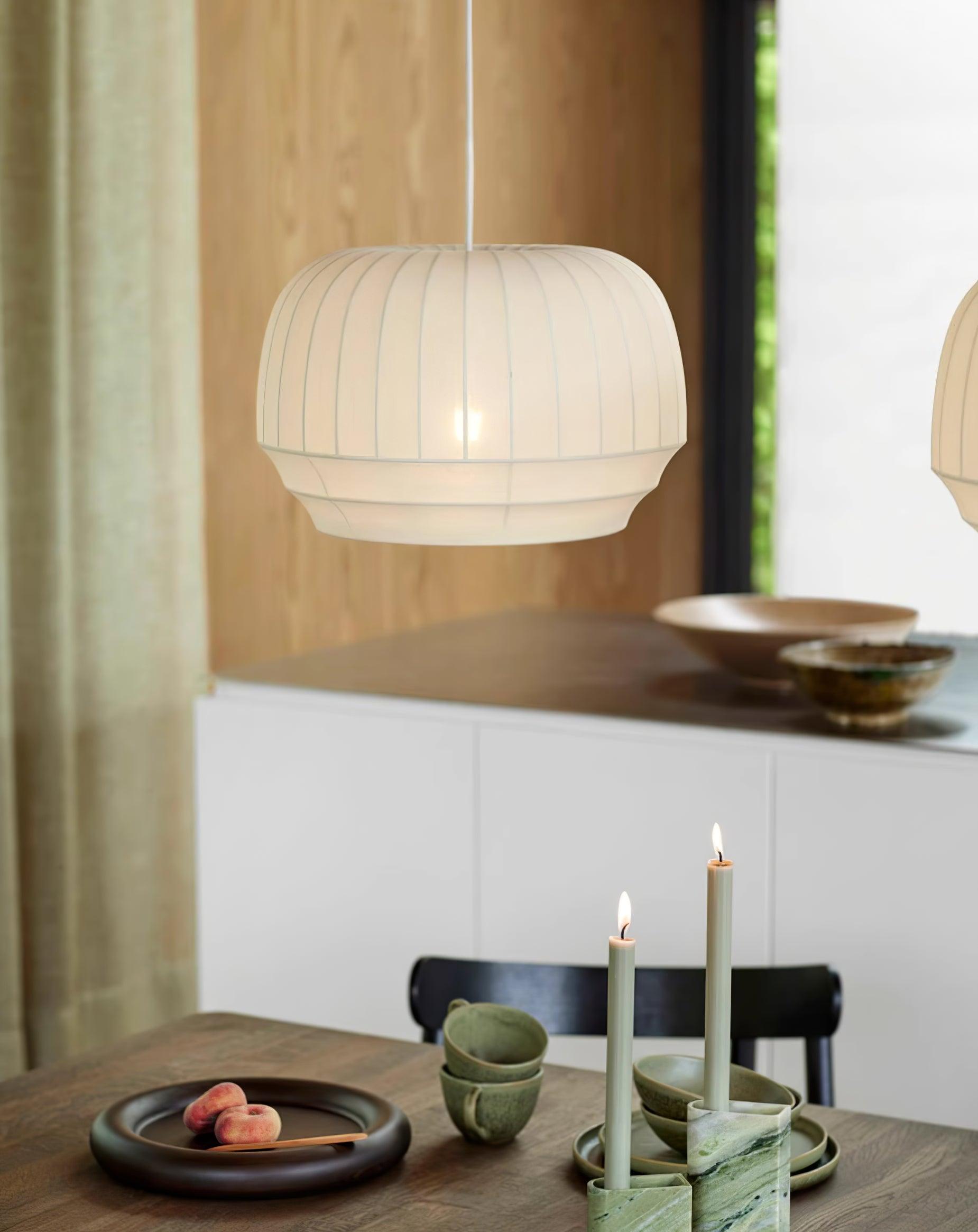 Pendant Lamp Silk Shade White Fabric Vertical Lines Soft Modern Minimalist | Fioriscas
