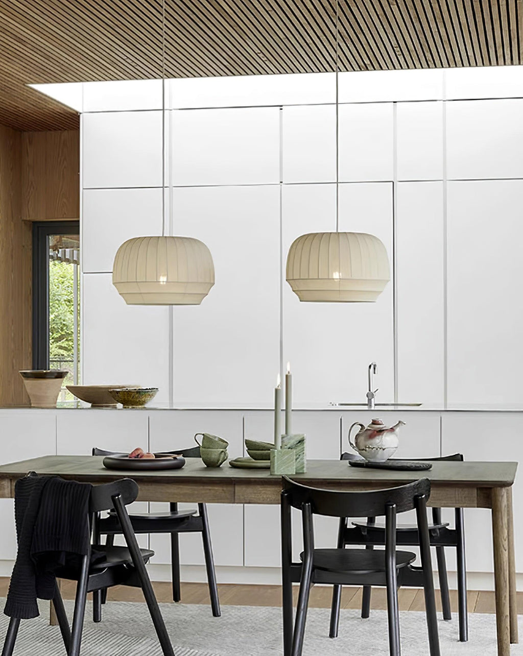 Pendant Lamp Silk Shade White Fabric Vertical Lines Soft Modern Minimalist | Fioriscas