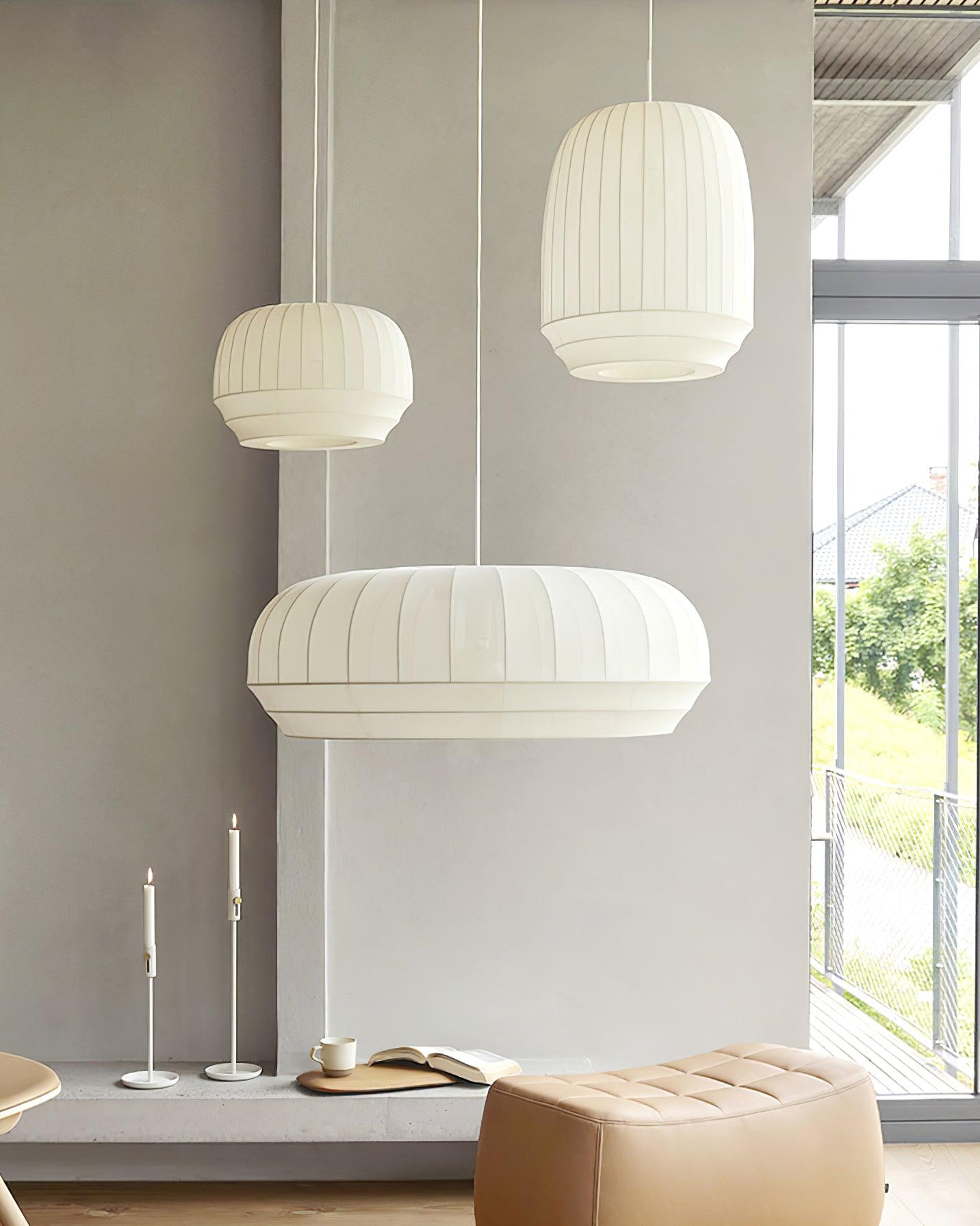 Pendant Lamp Silk Shade White Fabric Vertical Lines Soft Modern Minimalist | Fioriscas