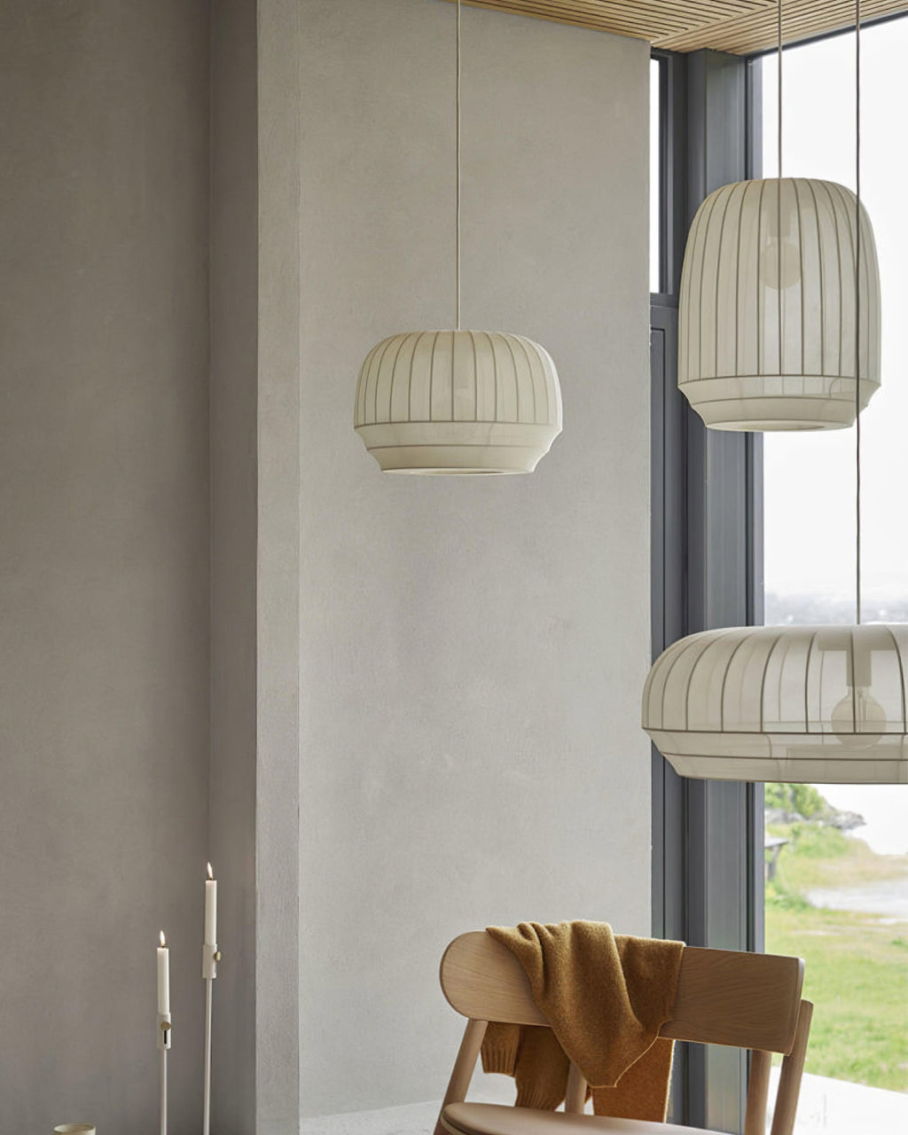 Pendant Lamp Silk Shade White Fabric Vertical Lines Soft Modern Minimalist | Fioriscas