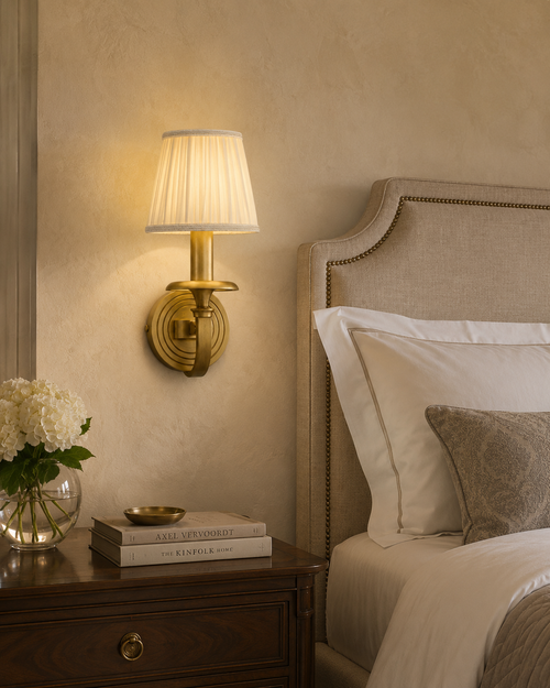 Aurora Copper Wall Lamp With Pleated Cloth Shade And Gold Finish