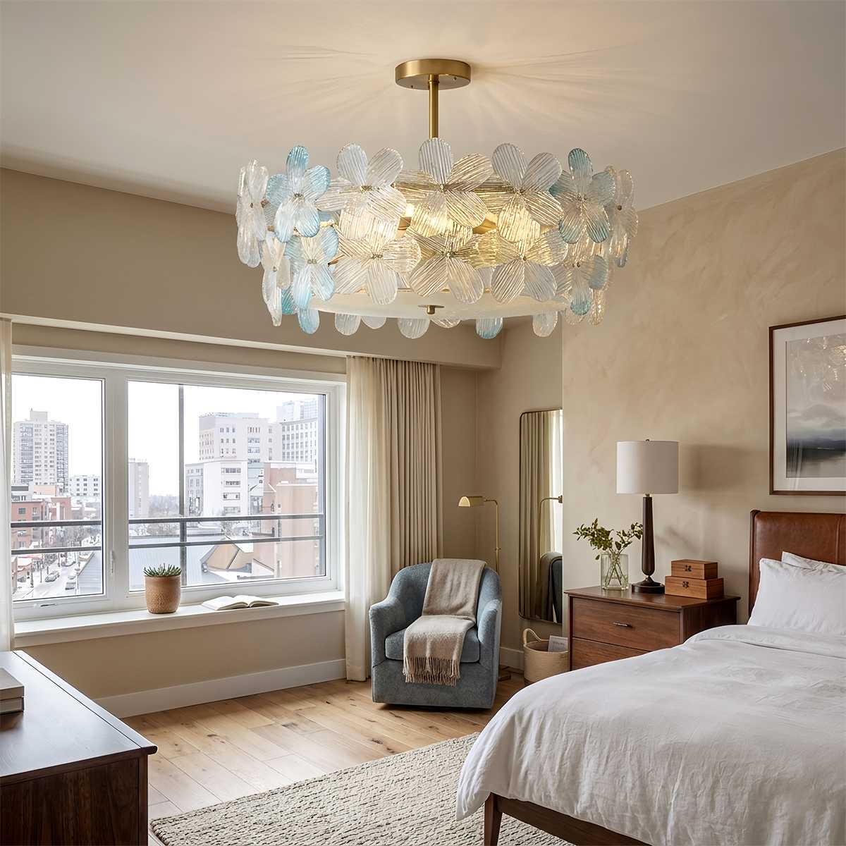 Copper Finish Blossom Glass Ceiling Light With Petal Shade