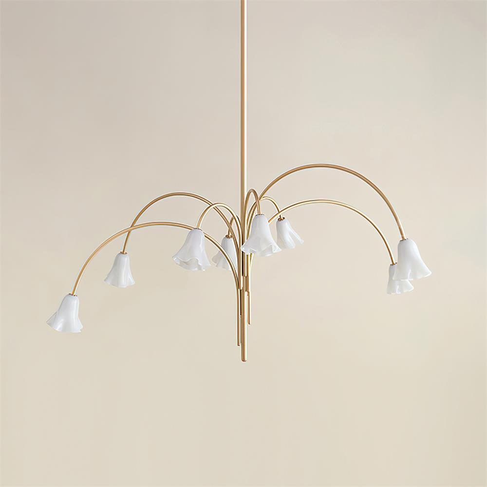Chandelier Flower-Shaped Glass Shades on Gold Metal Arms for Dining | Fioriscas