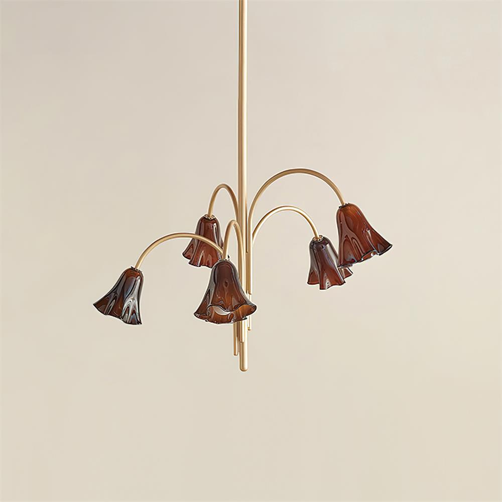 Chandelier Flower-Shaped Glass Shades on Gold Metal Arms for Dining | Fioriscas