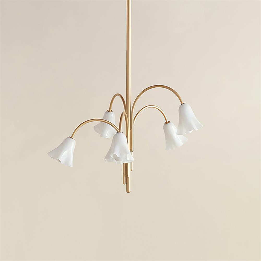 Chandelier Flower-Shaped Glass Shades on Gold Metal Arms for Dining | Fioriscas