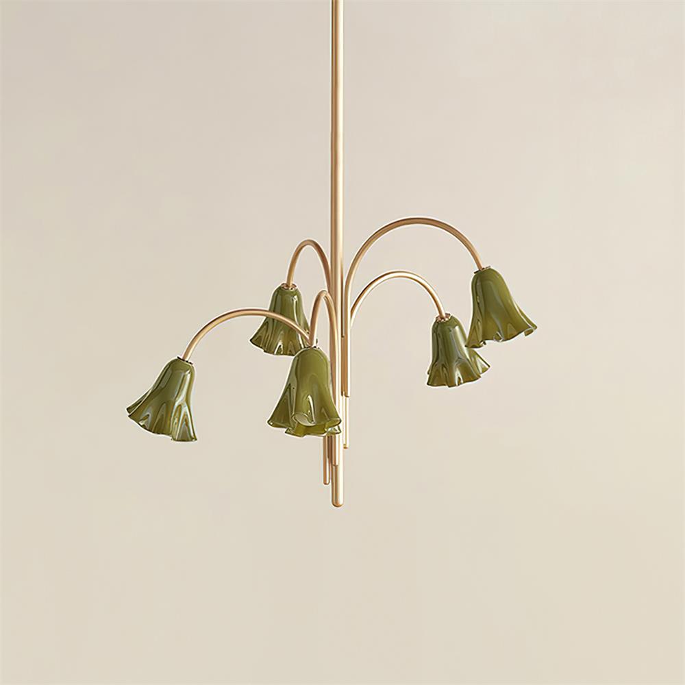 Chandelier Flower-Shaped Glass Shades on Gold Metal Arms for Dining | Fioriscas