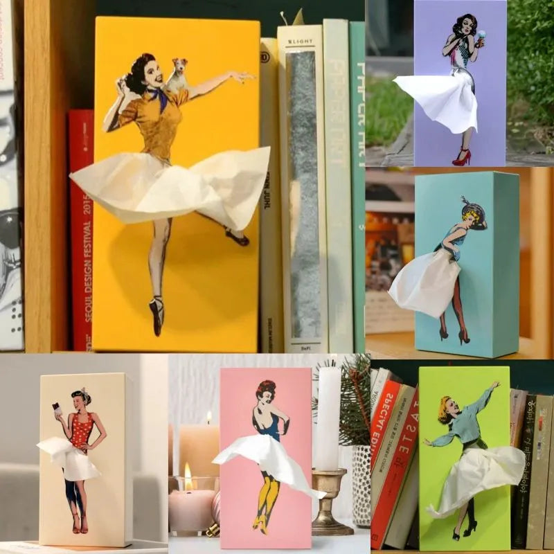 Tissue Box Cover in Wood with Retro Pin-Up Dress Design, Kevara Keepsake