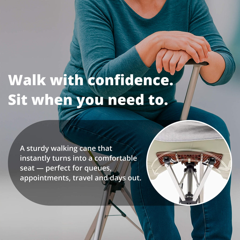 Foldable Walking Cane With Fold-Down Seat For Travel Or Standing Breaks