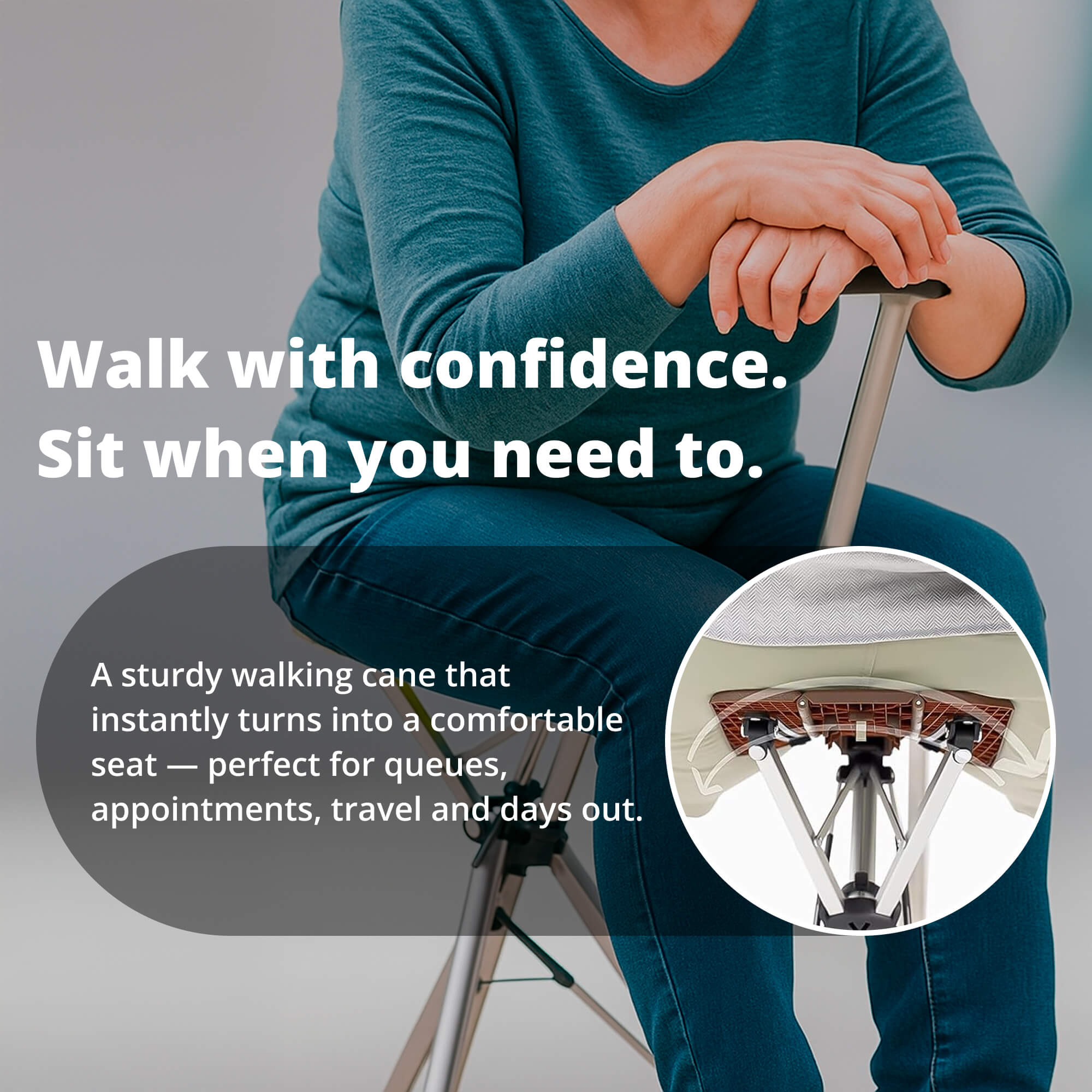 Foldable Walking Cane With Fold-Down Seat For Travel Or Standing Breaks