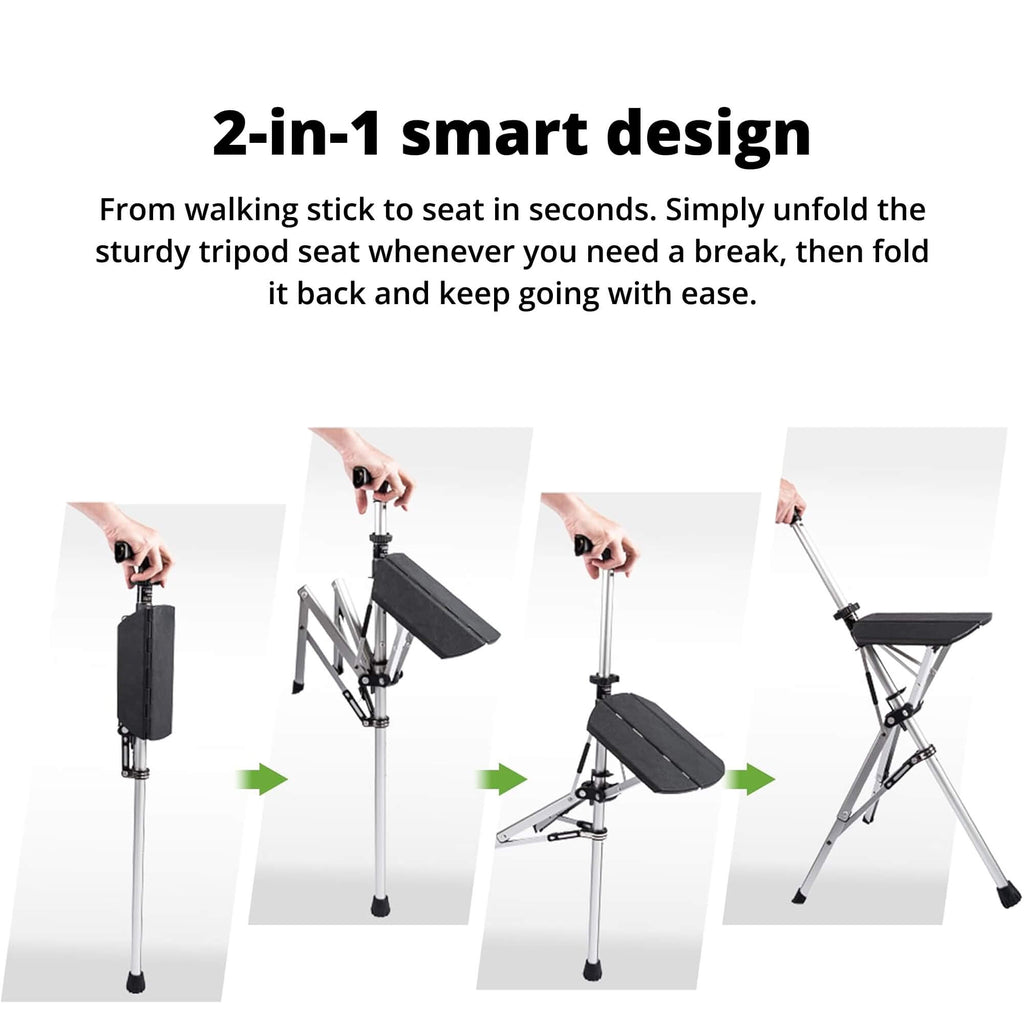 Foldable Walking Cane With Fold-Down Seat For Travel Or Standing Breaks