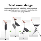 Foldable Walking Cane With Fold-Down Seat For Travel Or Standing Breaks