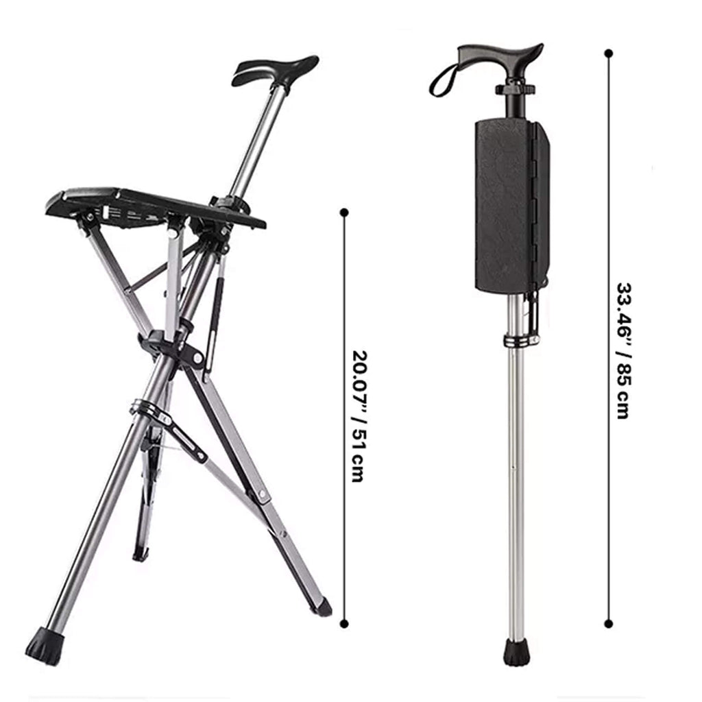 Foldable Walking Cane With Fold-Down Seat For Travel Or Standing Breaks