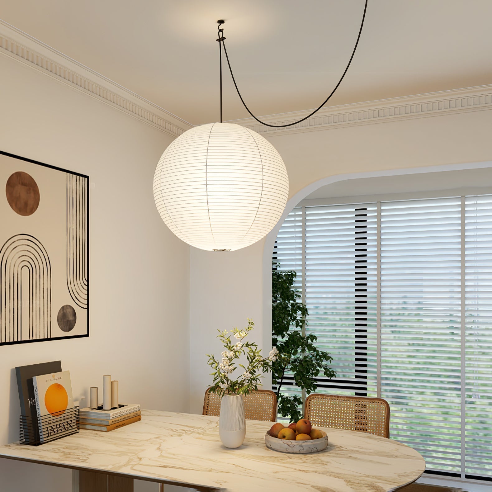 Lumiera Round Paper Lantern Swag Pendant Light White Wire Japanese Inspired Modernist
