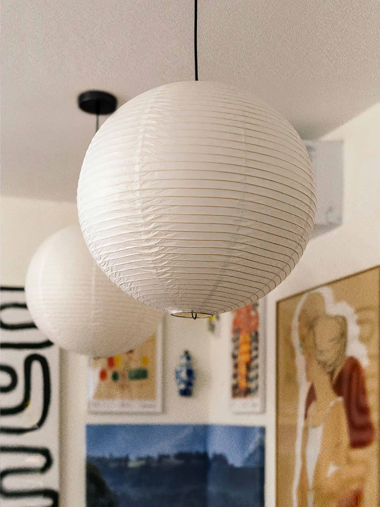 Lumiera Round Paper Lantern Swag Pendant Light White Wire Japanese Inspired Modernist