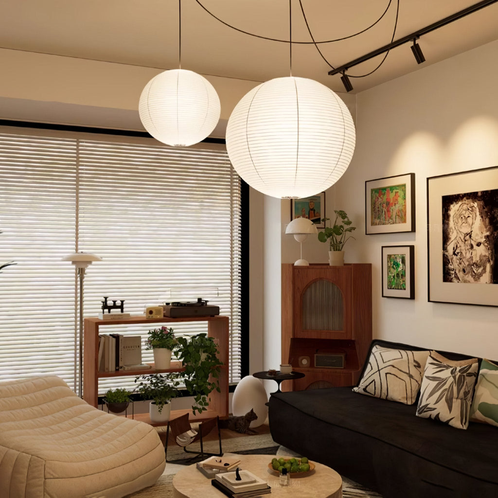 Mid Century Modern Hikari Paper Lantern Pendant Swag Light With Black Cord