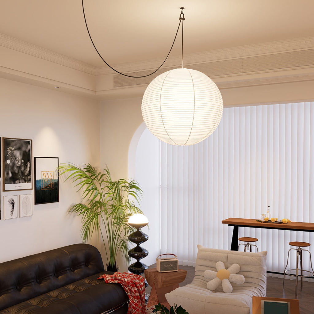 Lumiera Round Paper Lantern Swag Pendant Light White Wire Japanese Inspired Modernist