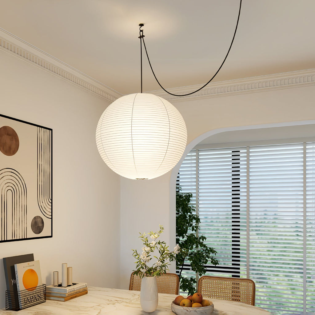Mid Century Modern Hikari Paper Lantern Pendant Swag Light With Black Cord