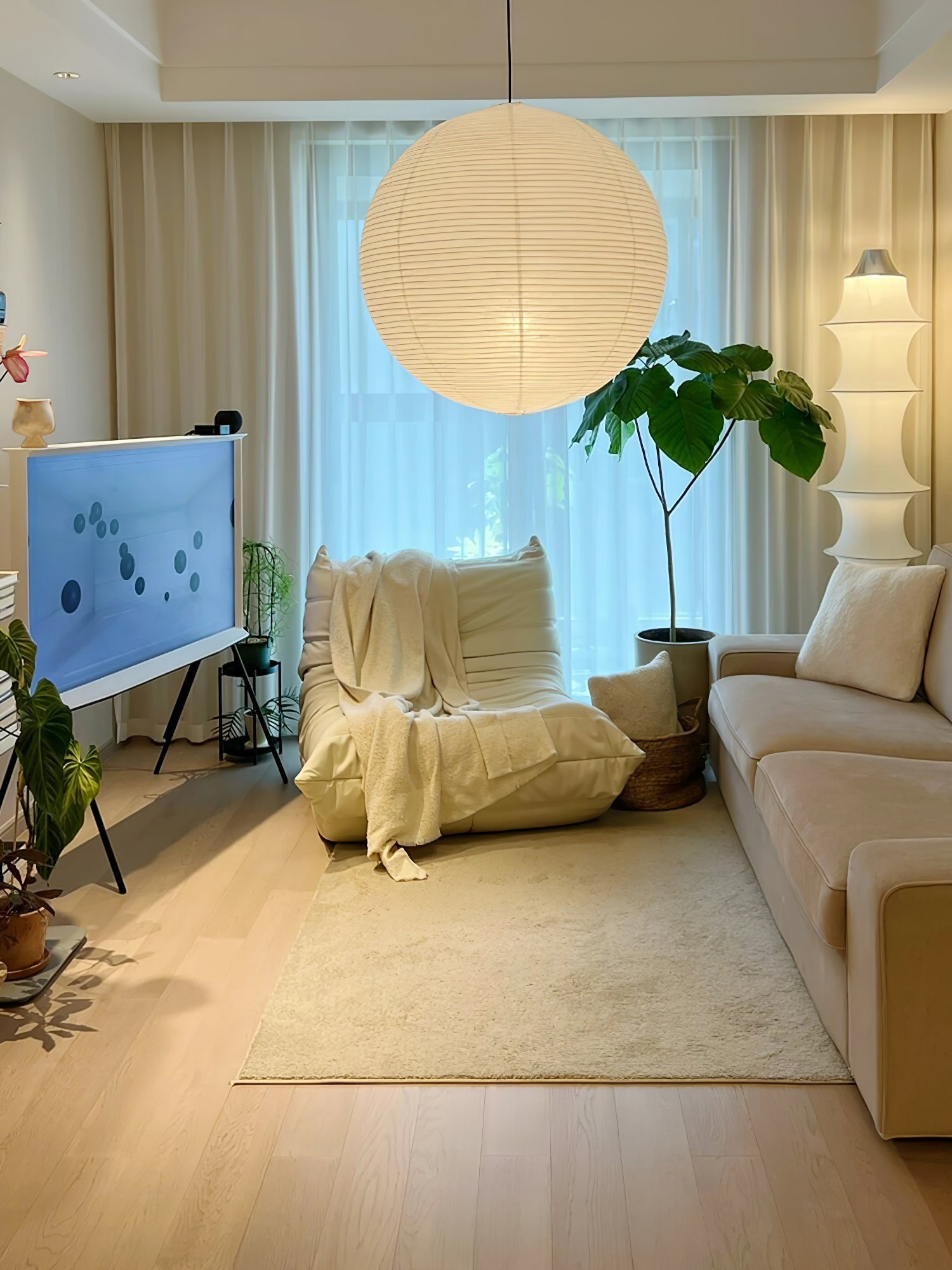 Lumiera Round Paper Lantern Swag Pendant Light White Wire Japanese Inspired Modernist