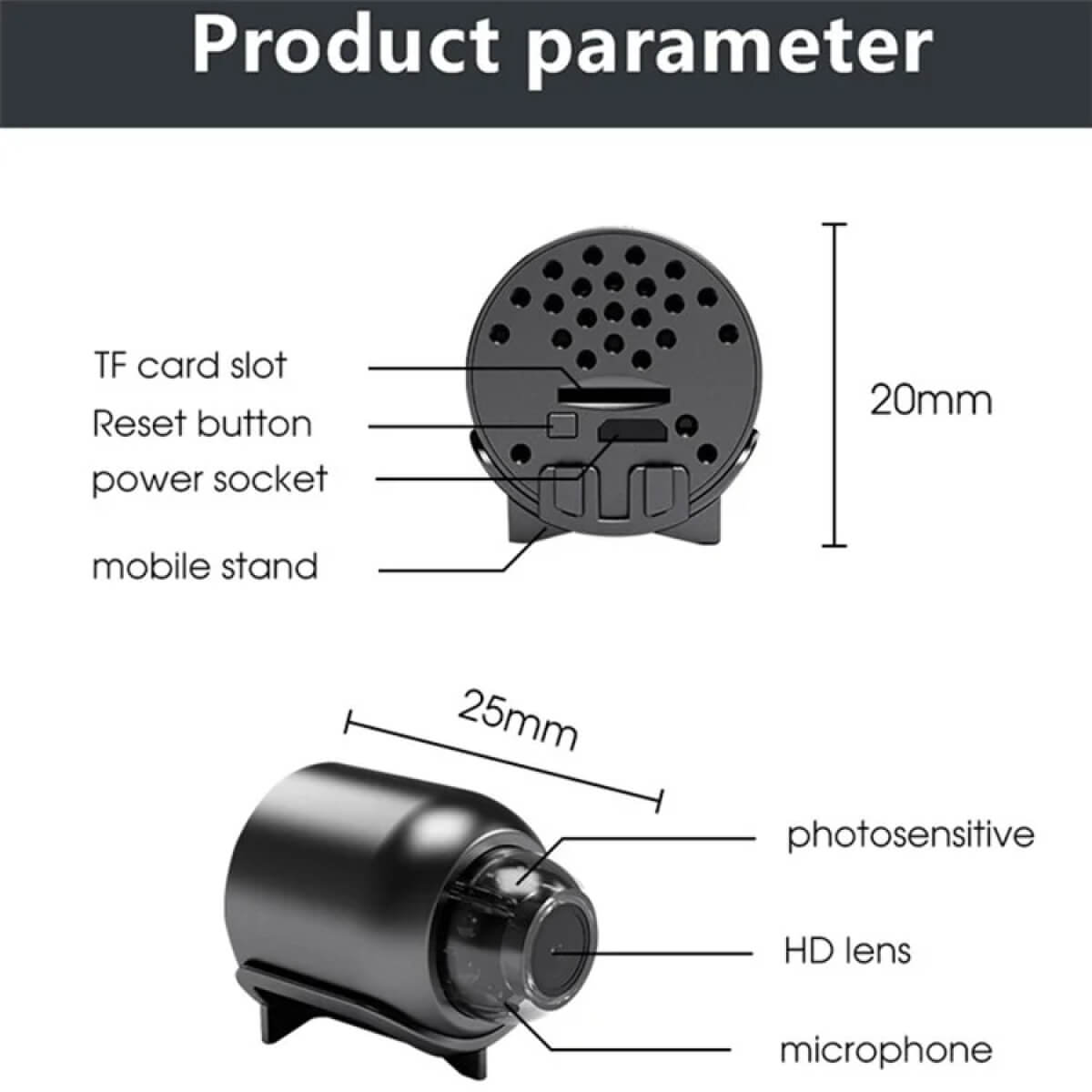 Mini WiFi bezpečnostní kamera, 1080p voděodolná s nočním viděním, záběr 160°