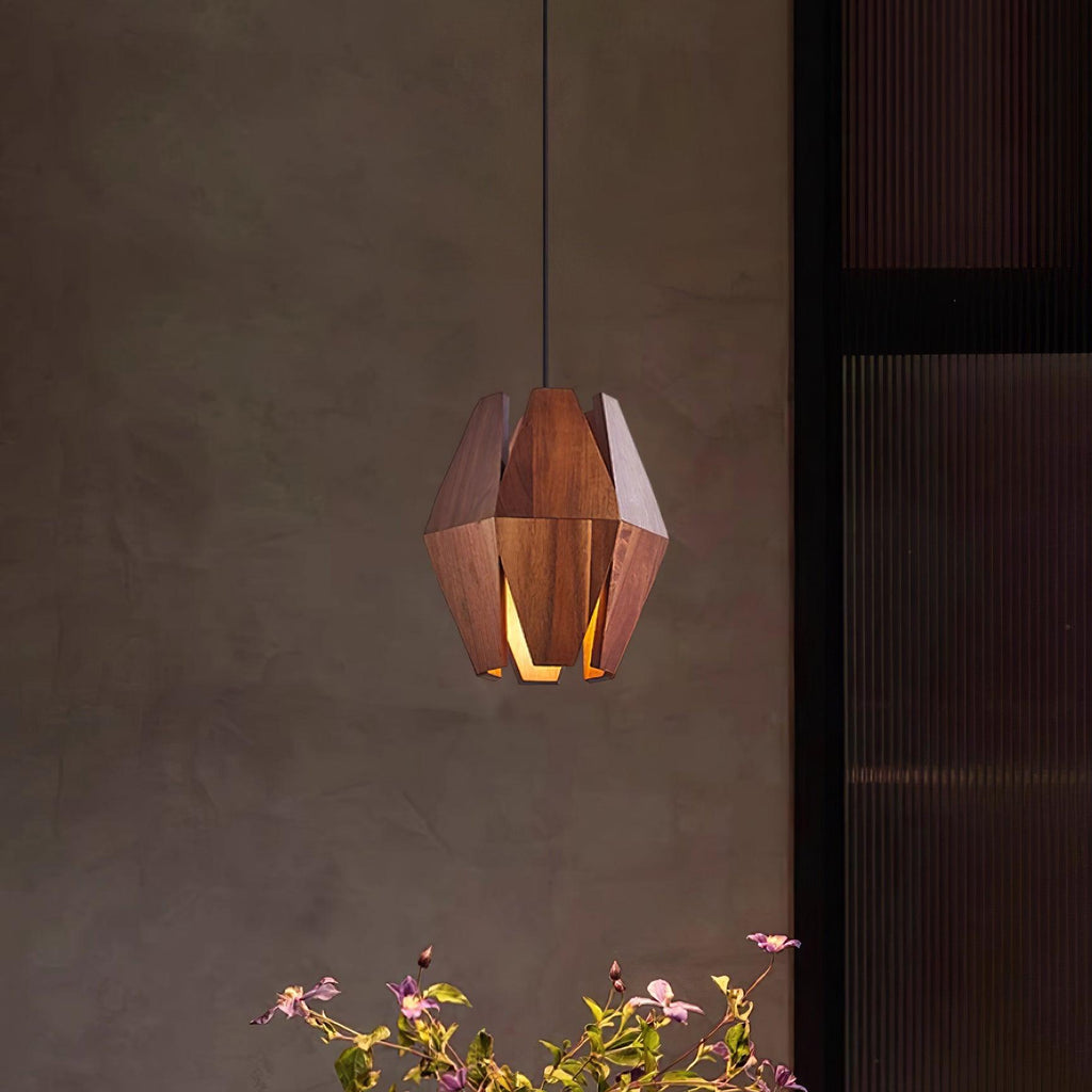 Pendant Lamp Geometric Wood Shade Warm Glow Nordic Minimalist Accent | Fioriscas