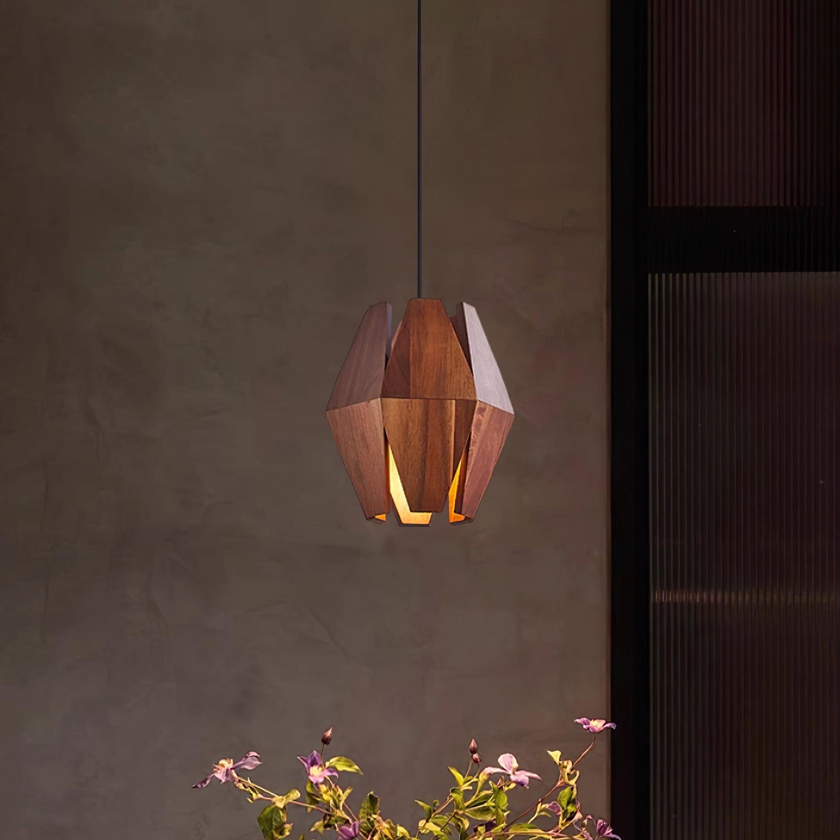 Pendant Lamp Geometric Wood Shade Warm Glow Nordic Minimalist Accent | Fioriscas