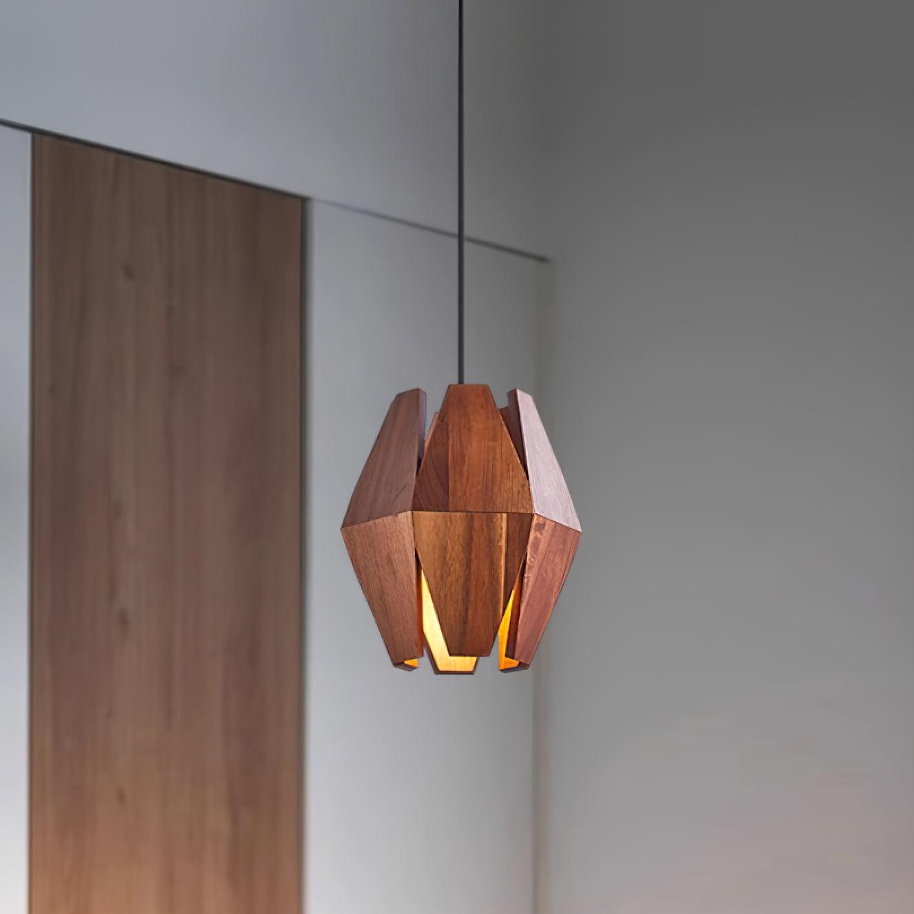 Pendant Lamp Geometric Wood Shade Warm Glow Nordic Minimalist Accent | Fioriscas