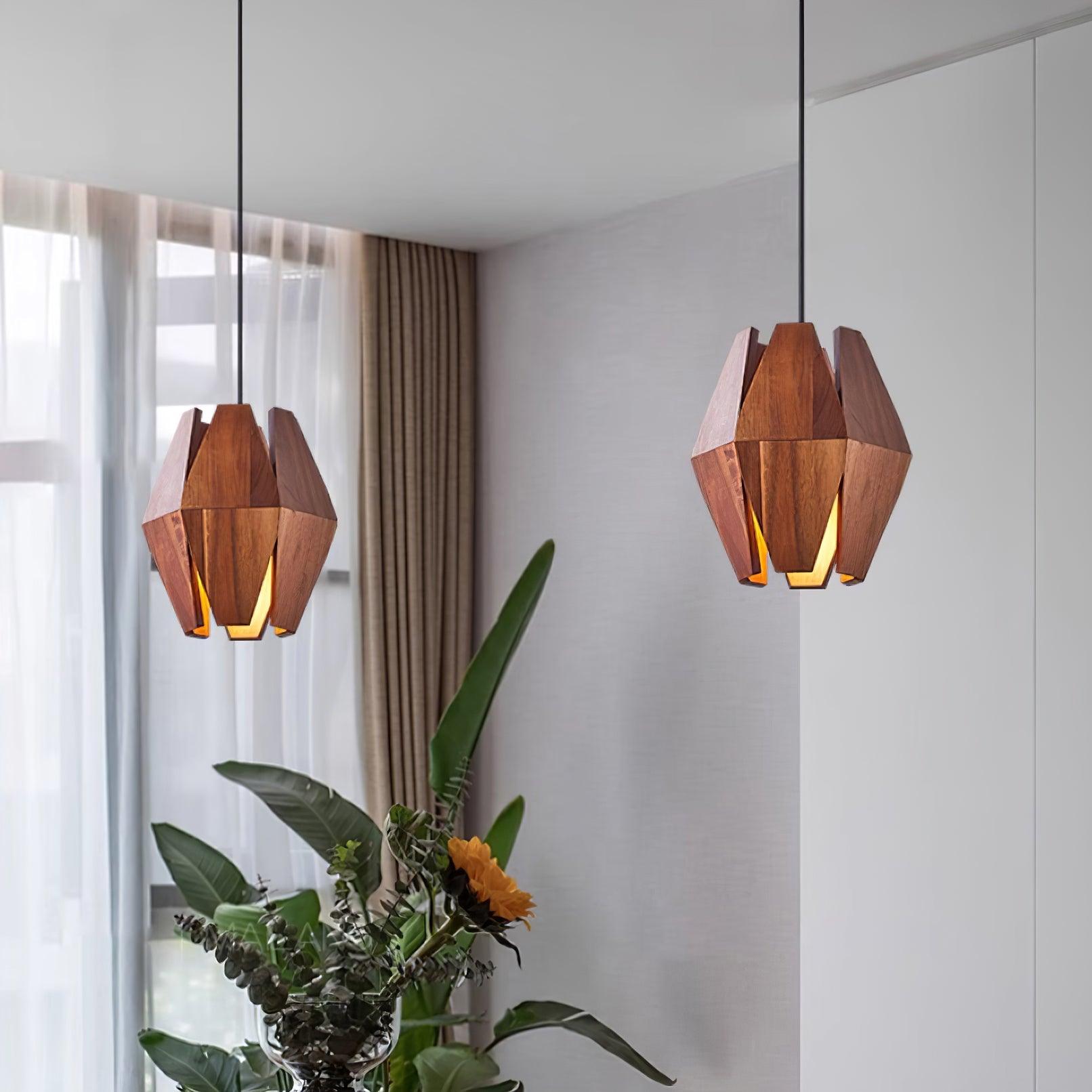 Pendant Lamp Geometric Wood Shade Warm Glow Nordic Minimalist Accent | Fioriscas