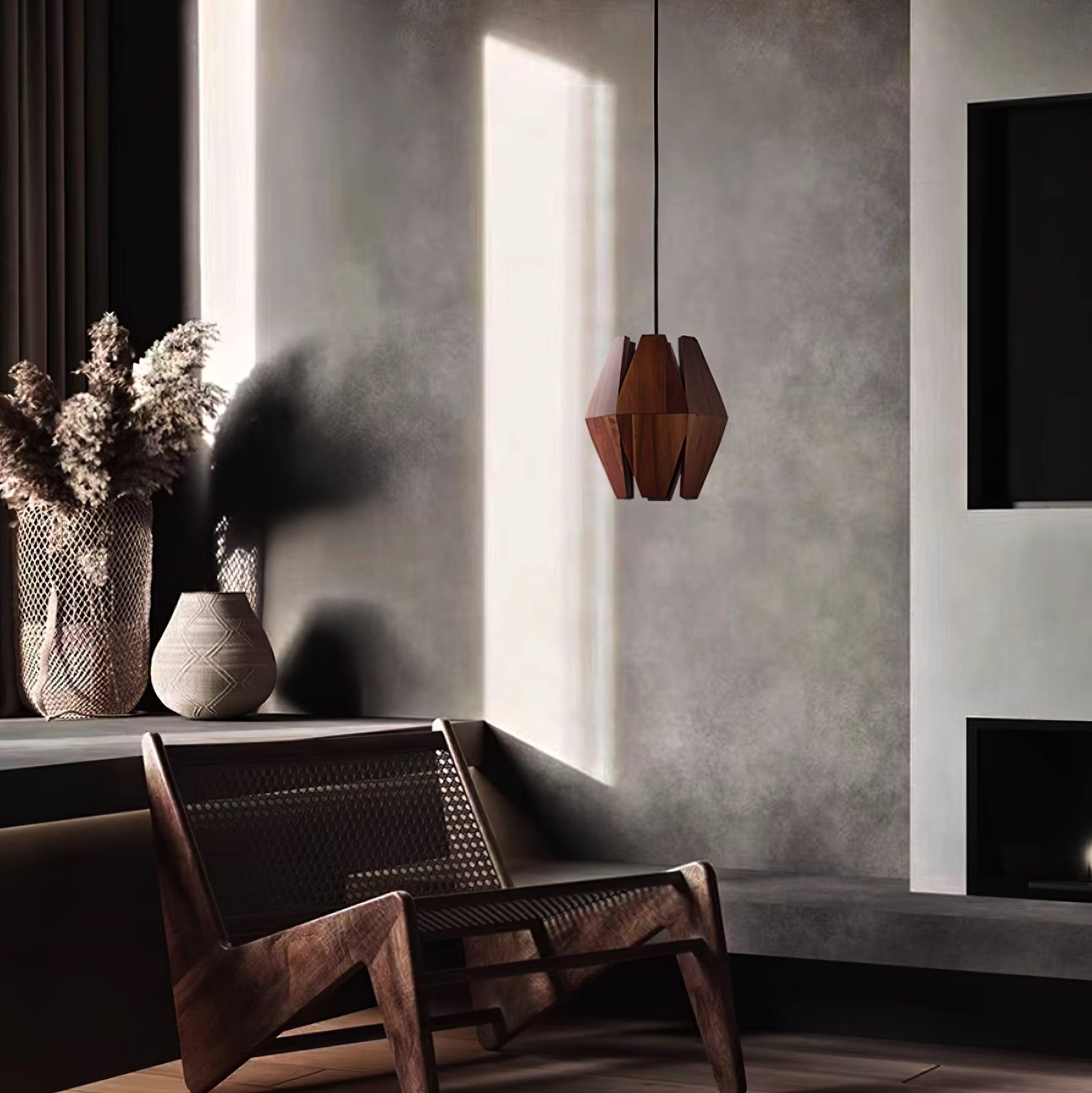 Pendant Lamp Geometric Wood Shade Warm Glow Nordic Minimalist Accent | Fioriscas