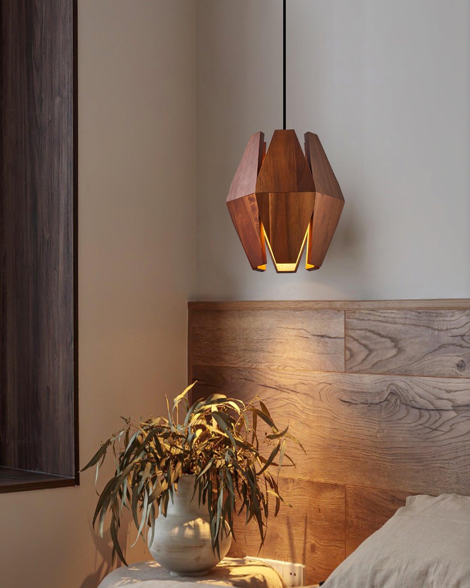 Pendant Lamp Geometric Wood Shade Warm Glow Nordic Minimalist Accent | Fioriscas