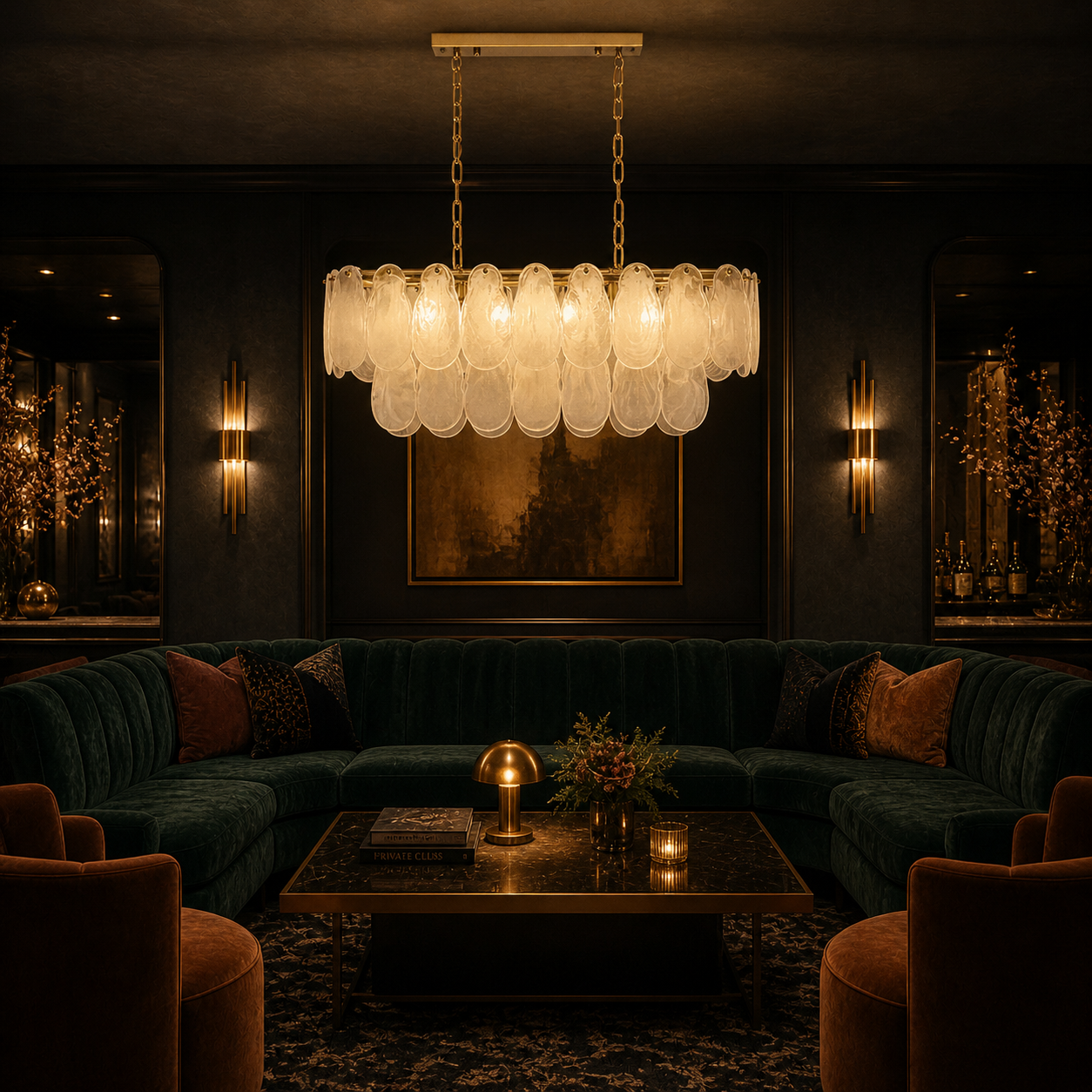 Copper Cascade Chandelier With Hand Blown Glass Teardrop Shades