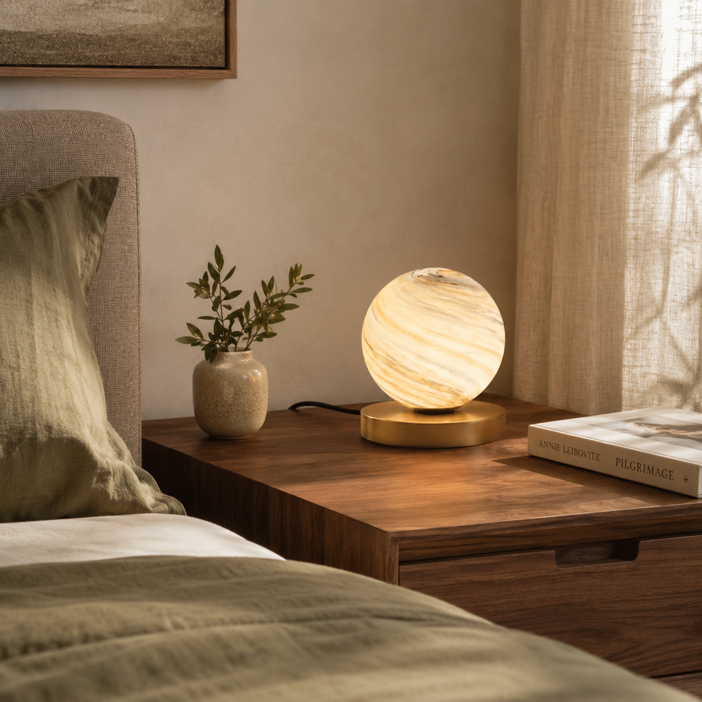 Aurora Brass Table Lamp With Marble Glass Globe For Cozy Modern Glow