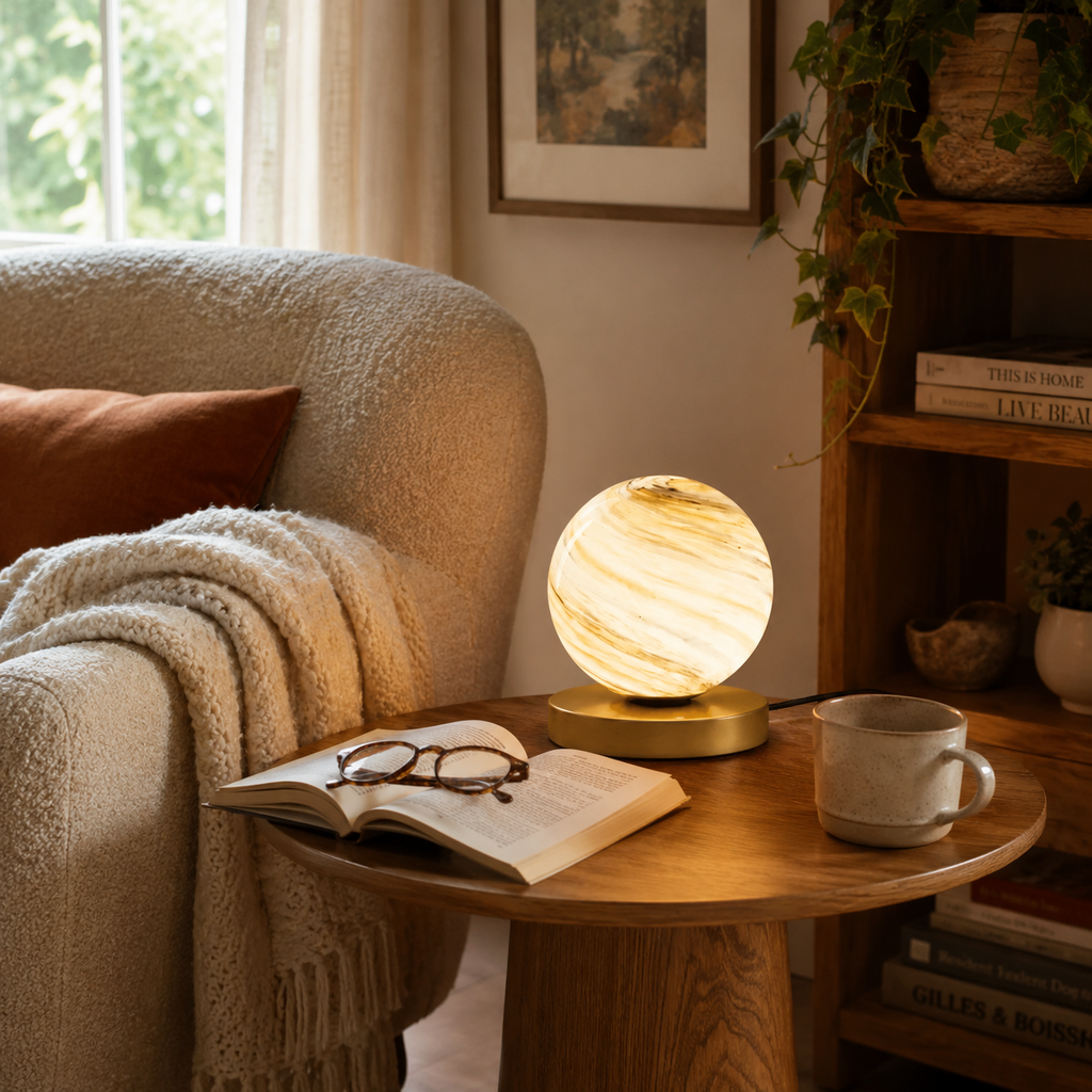 Aurora Brass Table Lamp With Marble Glass Globe For Cozy Modern Glow