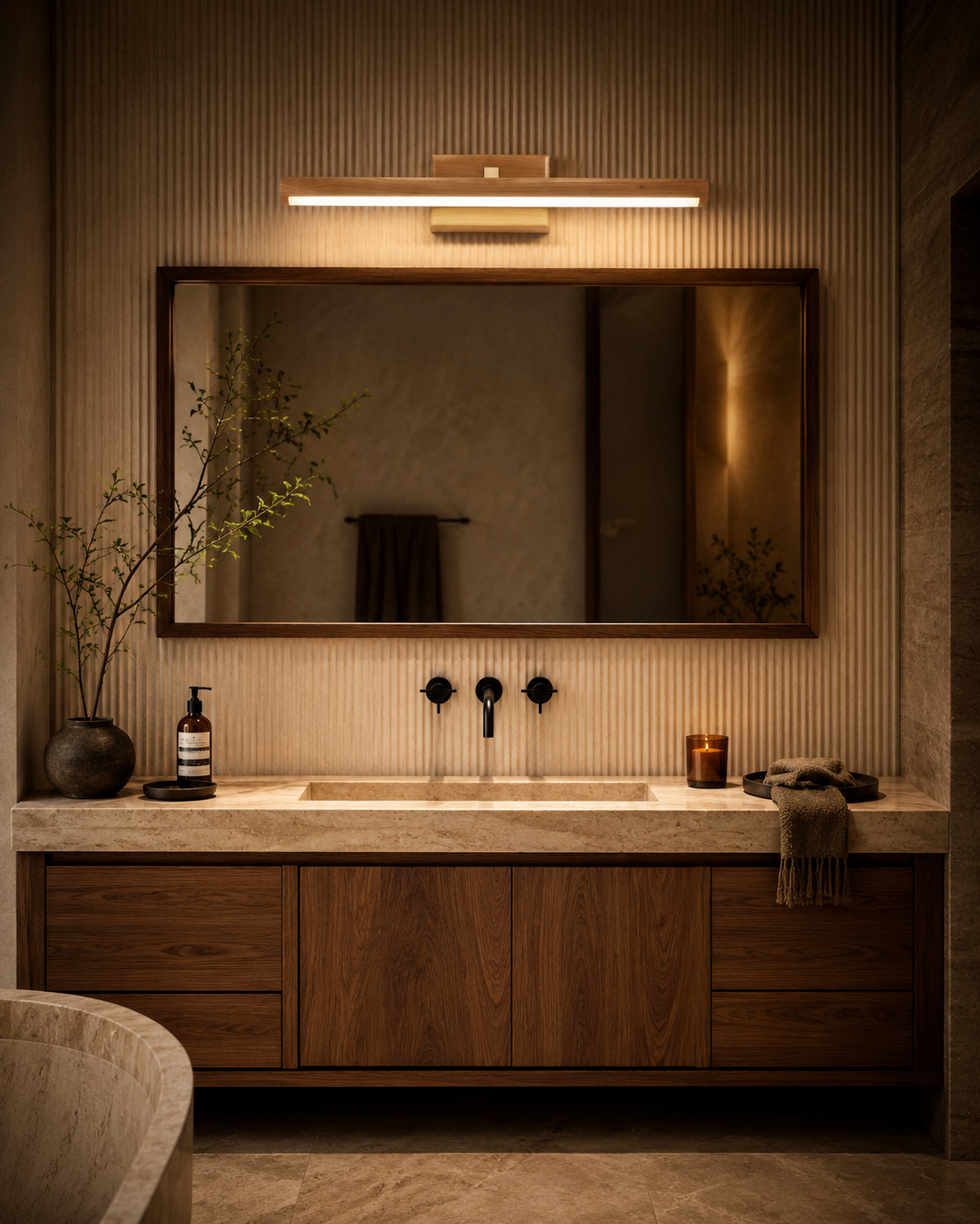 Copper Wood Bathroom Vanity Wall Lamp With Walnut Or Natural Finish