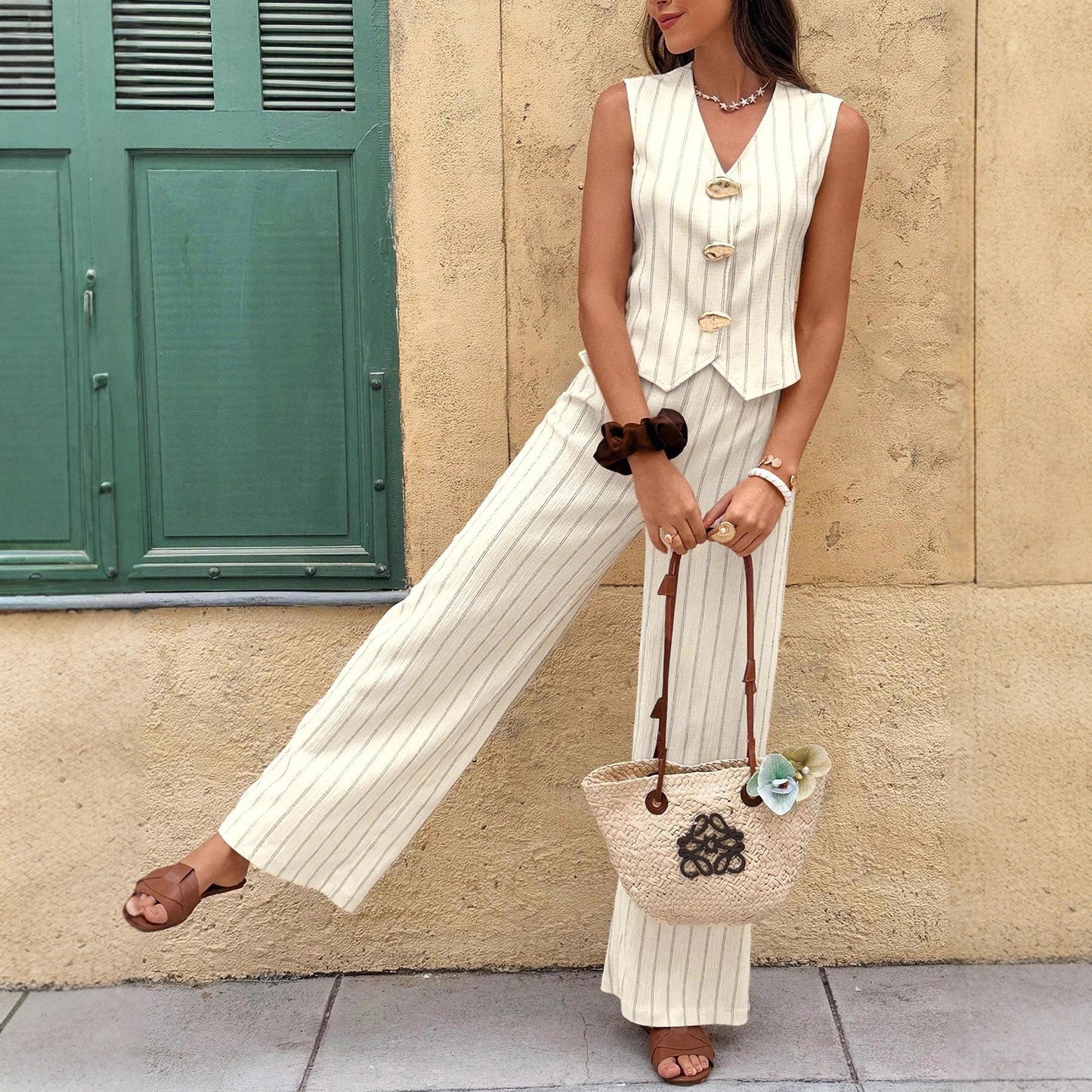 Ensemble Riviera I Duo Gilet et Pantalon Fluide à Rayures