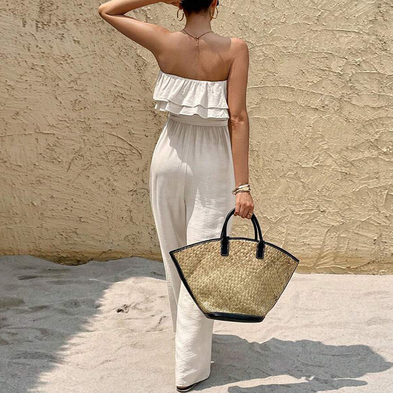 Combinaison d'Été Femme Grise à Taille Élastique et Volants