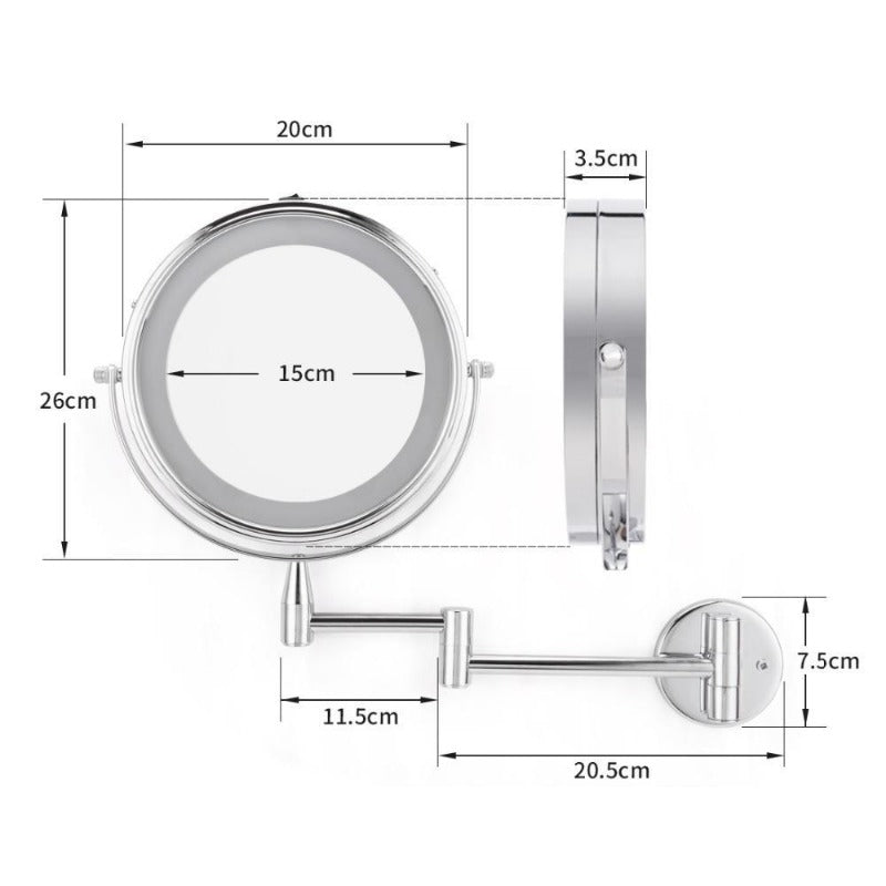 Dual-Arm LED Makeup Mirror, 1X & 7X Magnification, Wall-Mounted