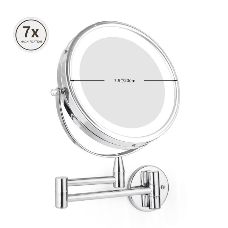 Dual-Arm LED Makeup Mirror, 1X & 7X Magnification, Wall-Mounted