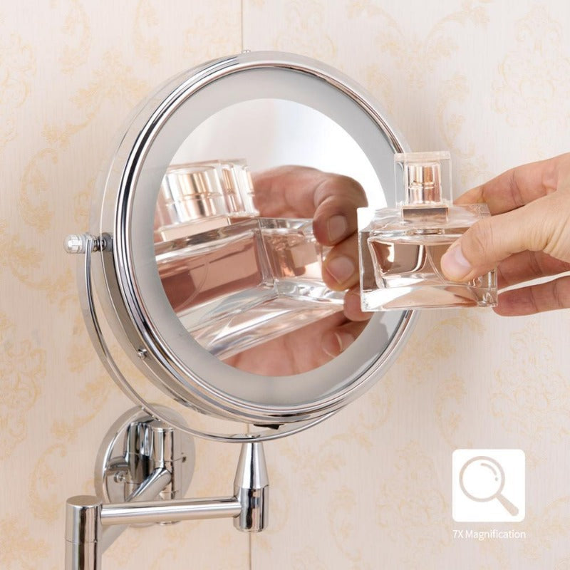 Dual-Arm LED Makeup Mirror, 1X & 7X Magnification, Wall-Mounted