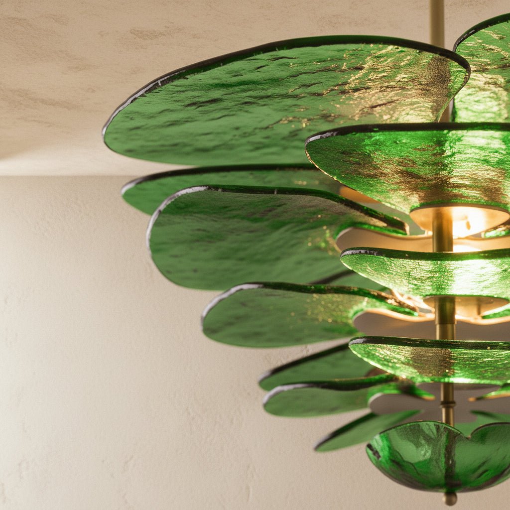 Elegant Emerald Murano Petal Chandelier With Gold Accents