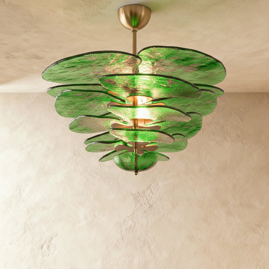 Elegant Emerald Murano Petal Chandelier With Gold Accents