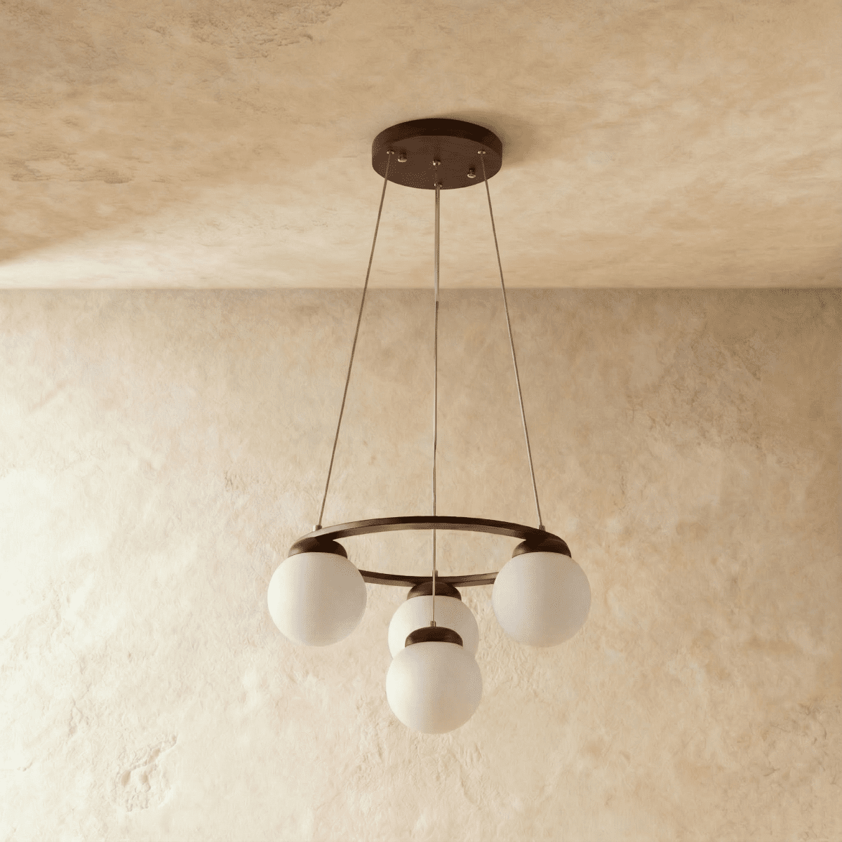 Lumen Drift Orb Chandelier With Wood Ring And Frosted Glass Globes