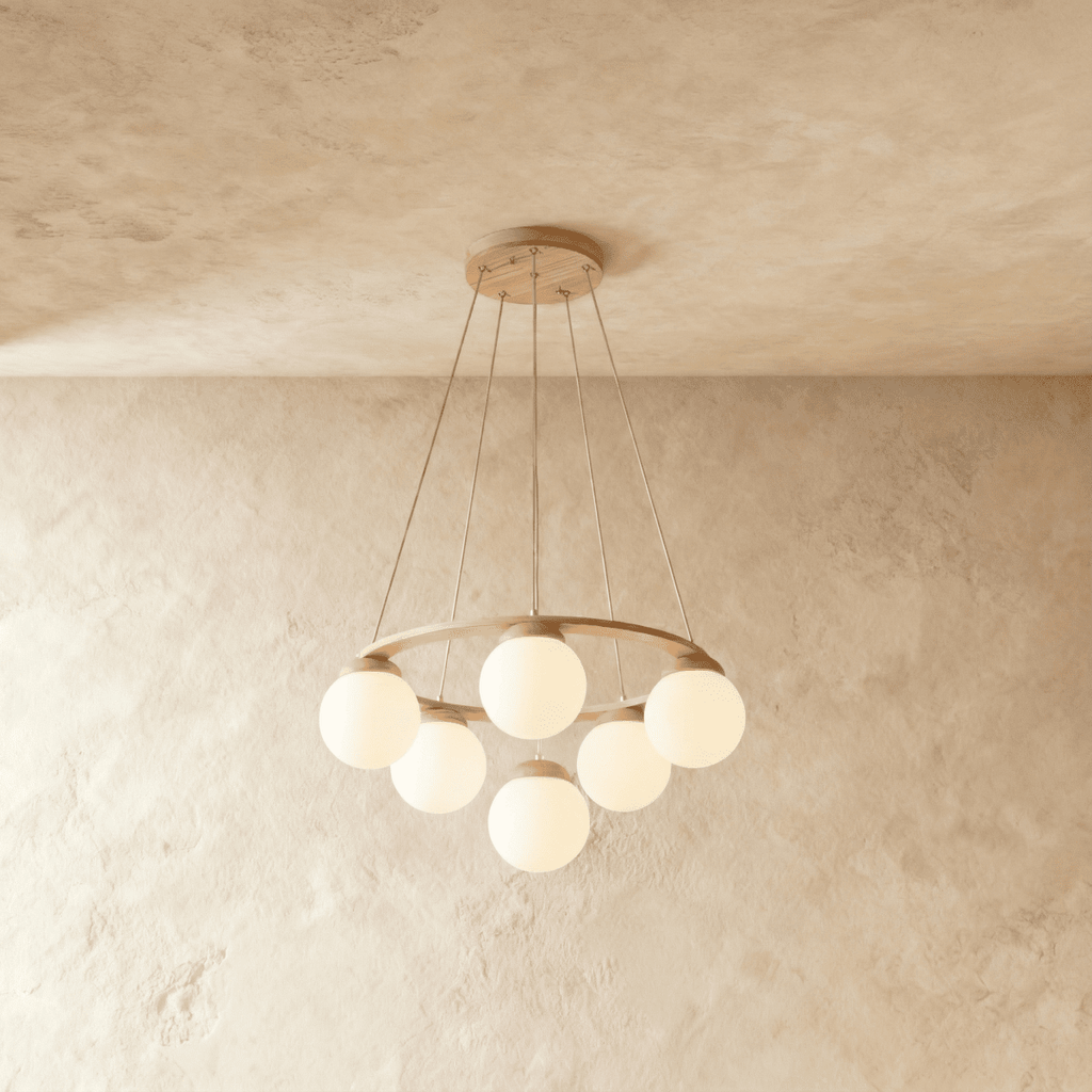 Lumen Drift Orb Chandelier With Wood Ring And Frosted Glass Globes