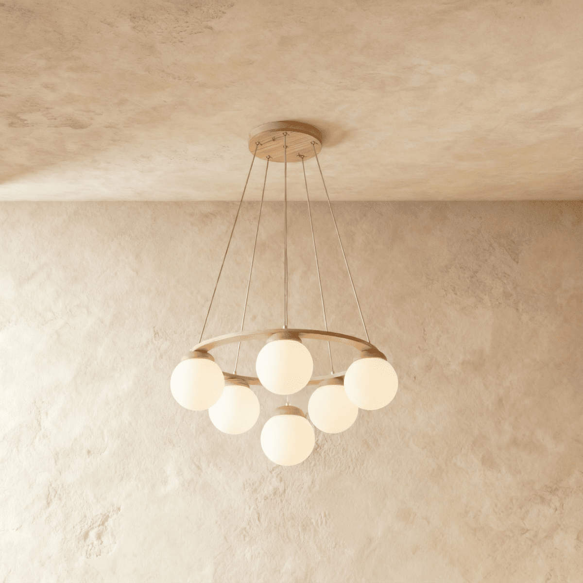 Lumen Drift Orb Chandelier With Wood Ring And Frosted Glass Globes