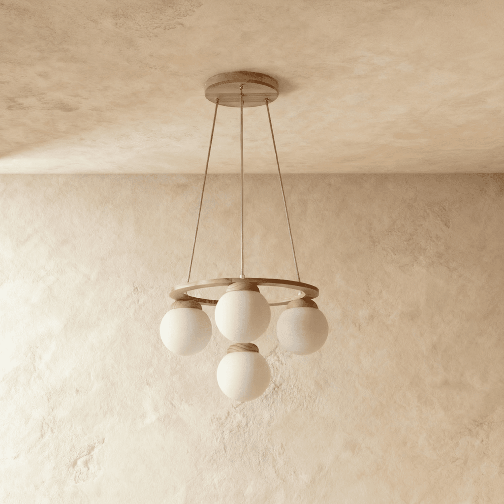 Lumen Drift Orb Chandelier With Wood Ring And Frosted Glass Globes