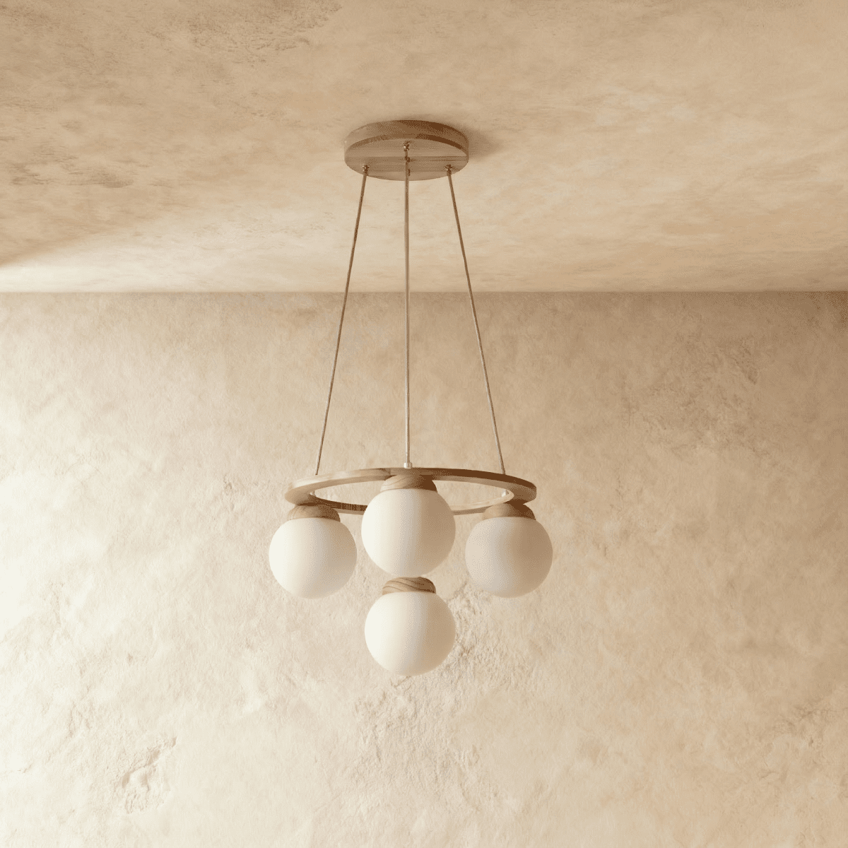 Lumen Drift Orb Chandelier With Wood Ring And Frosted Glass Globes